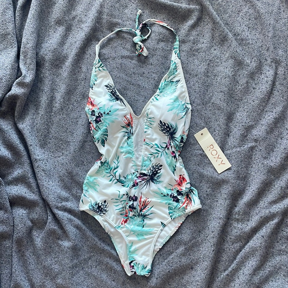 Roxy Backless Deep-V Palm Leaves Print One Piece Bathing Suit